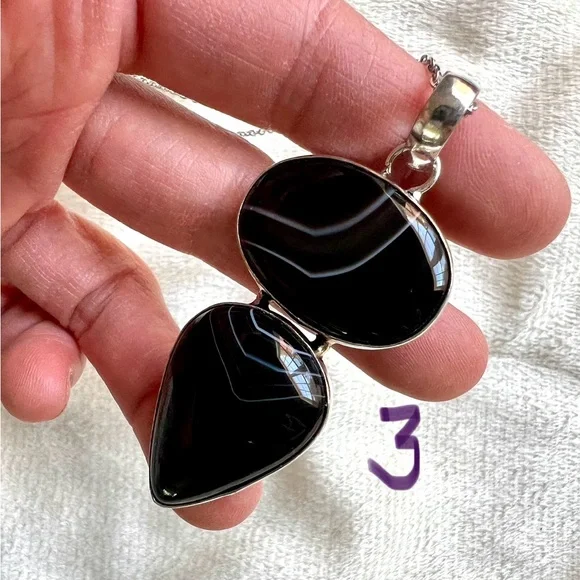 925 You Choose! Banded Black Onyx Chalcedony Pendant Necklace - Picture 6 of 10